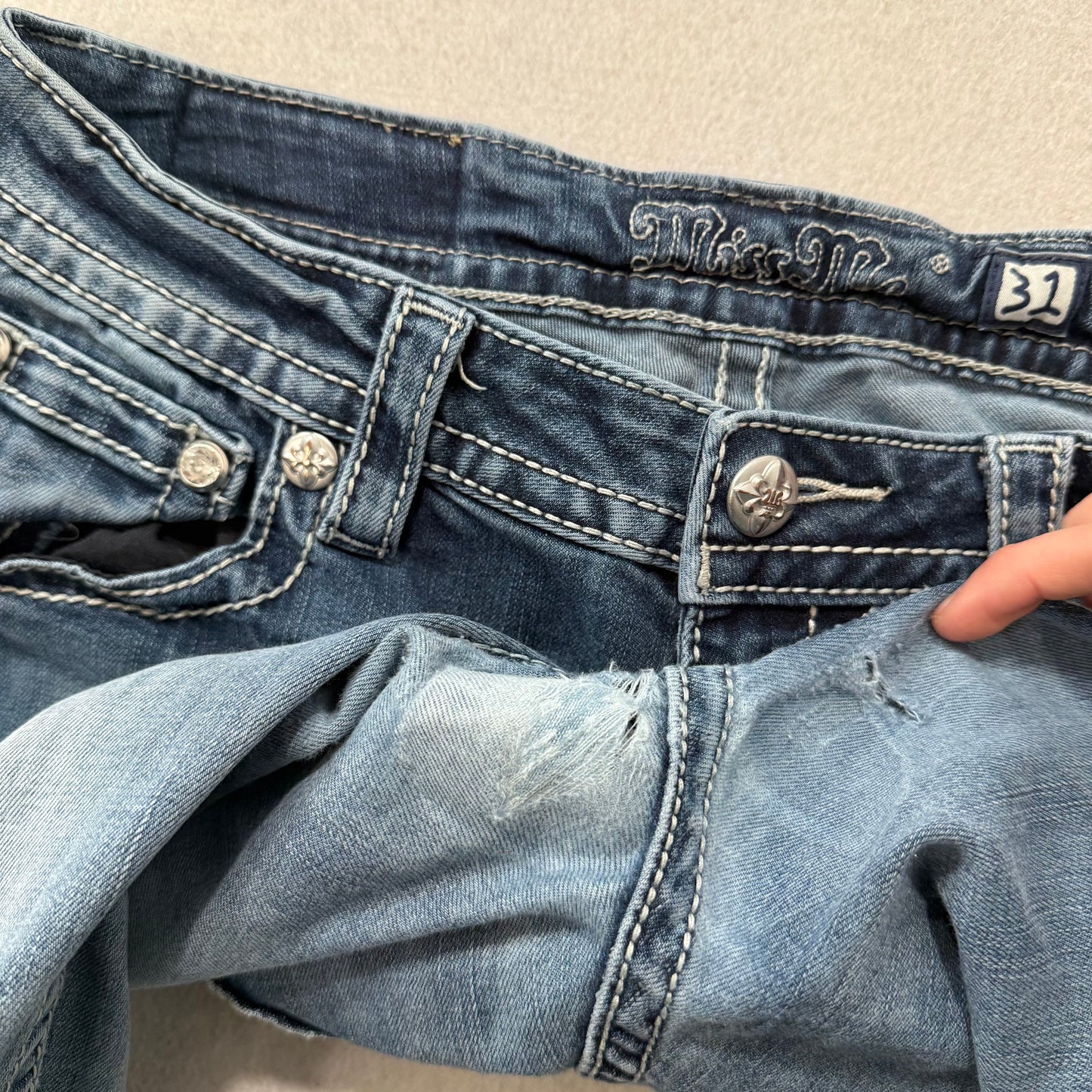 RARE Miss Me Blue Denim Flared Ornate Embellished Bootcut Jeans Low Rise Size 31