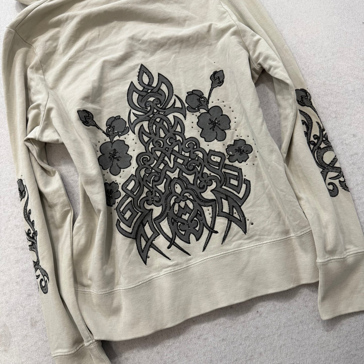 Vertigo Women's White Cotton Zip Up Hoodie Floral Rhinestones Logo Y2K Size XL