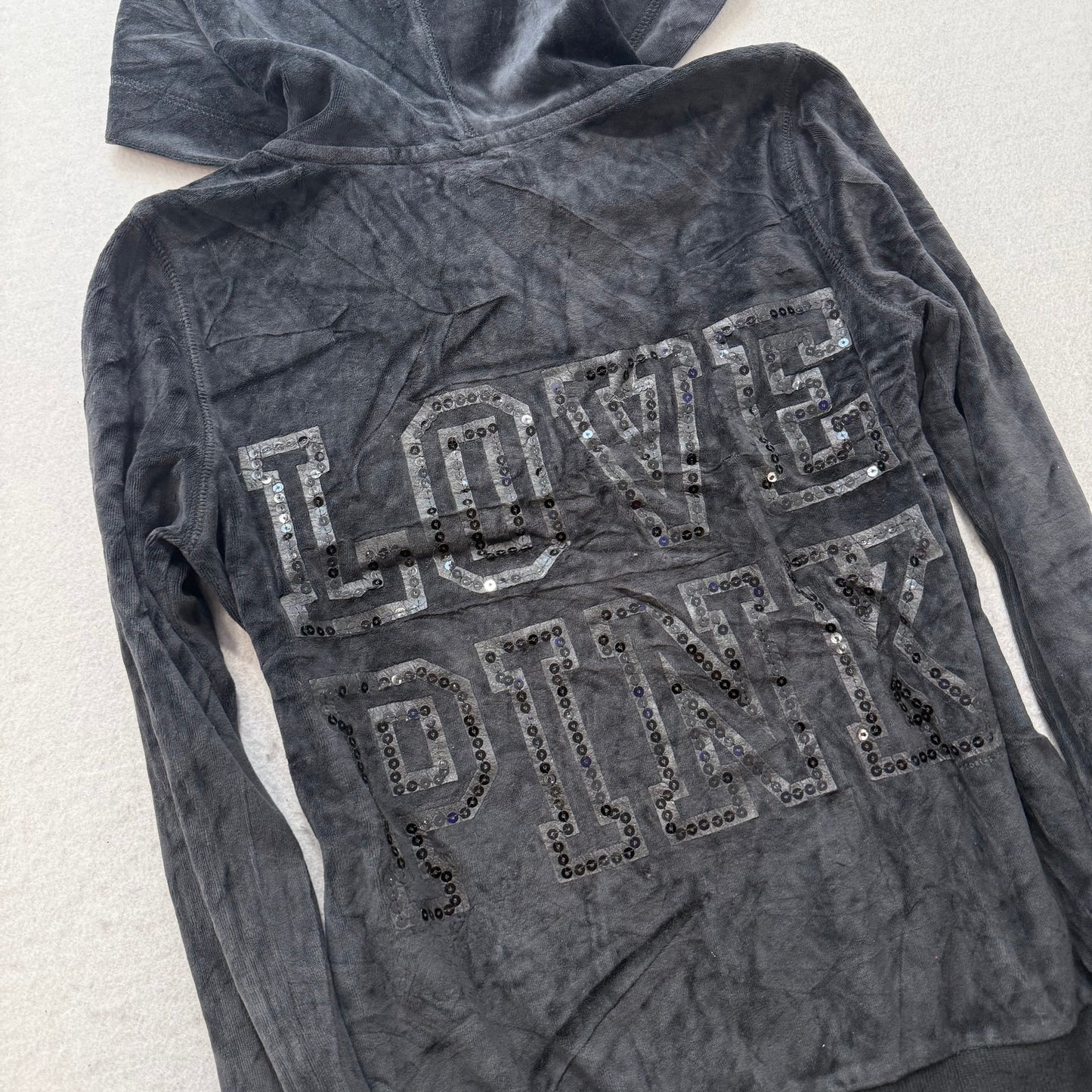 PINK Victoria's Secret Women Charcoal Gray Zip Up Hoodie Rhinestone Logo Size XS