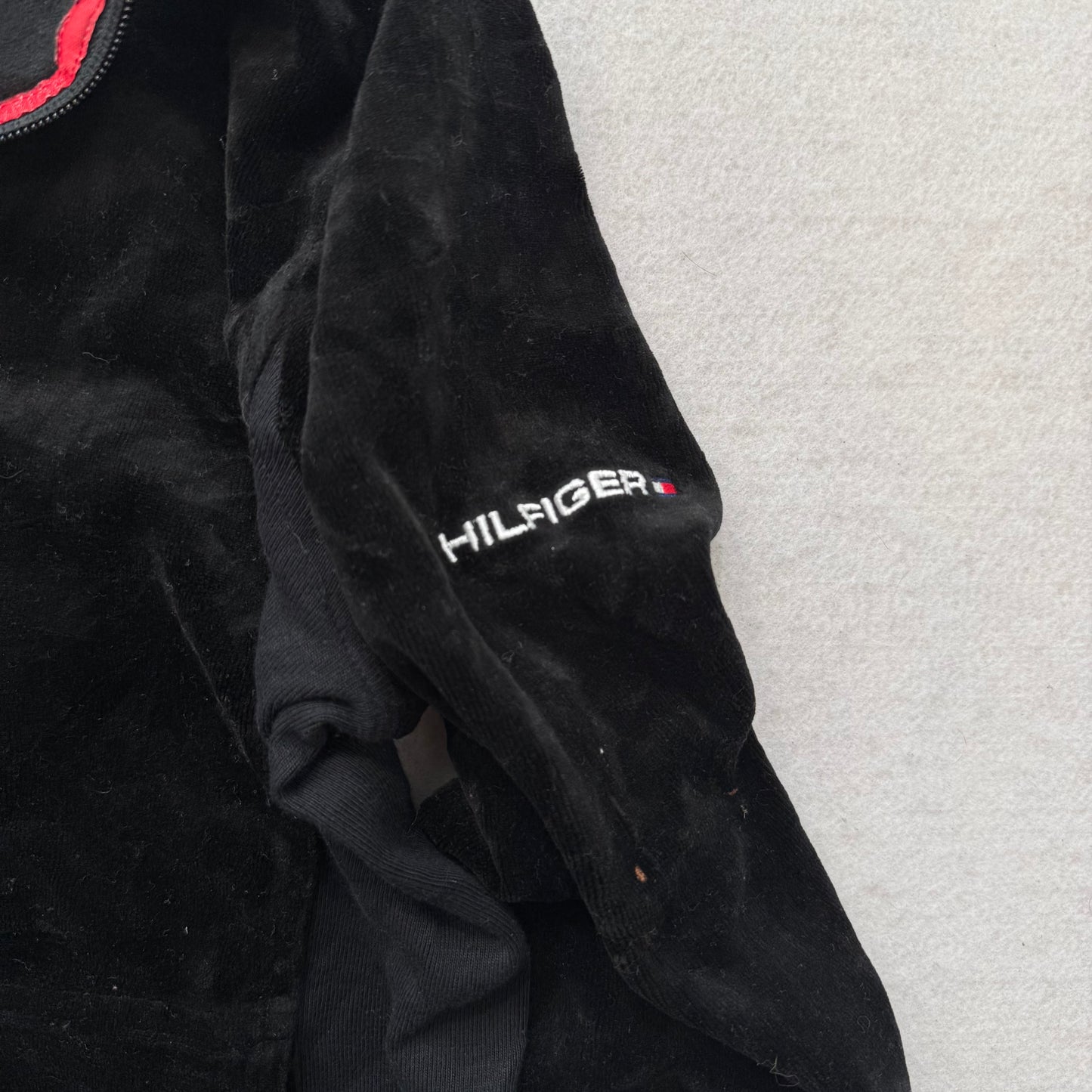 Tommy Hilfiger Women's Black Velour Full Zip Track Jacket Mock Neck Y2K Size M
