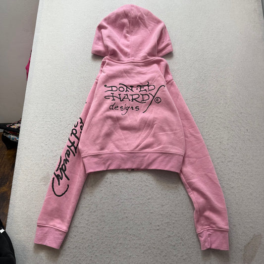 Ed Hardy Skull Eagle Women's Pink Zip-Up Cropped Hoodie Tattoo Graphic Size S