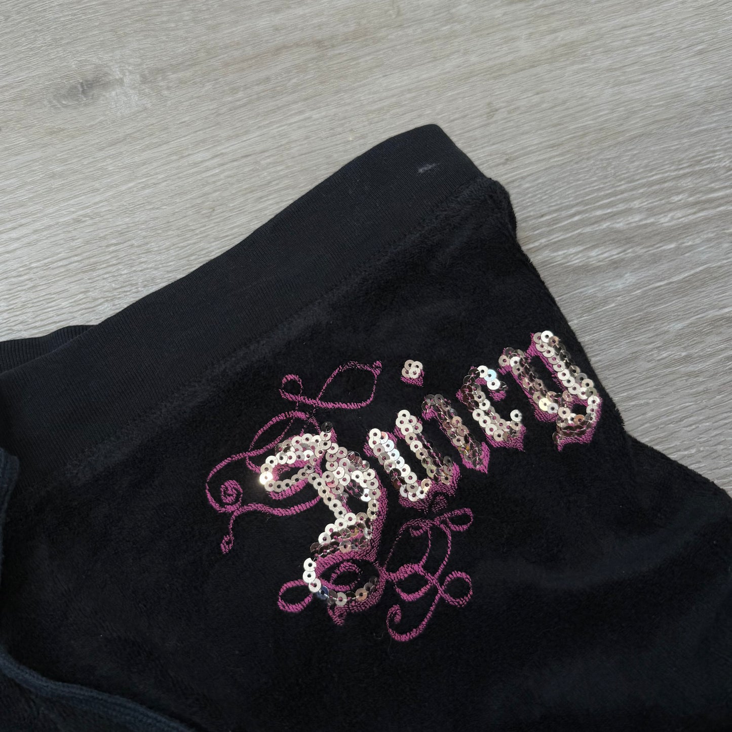 Vintage Juicy Couture Women's Black Terry Cloth Flared Track Pants Sequin Size S