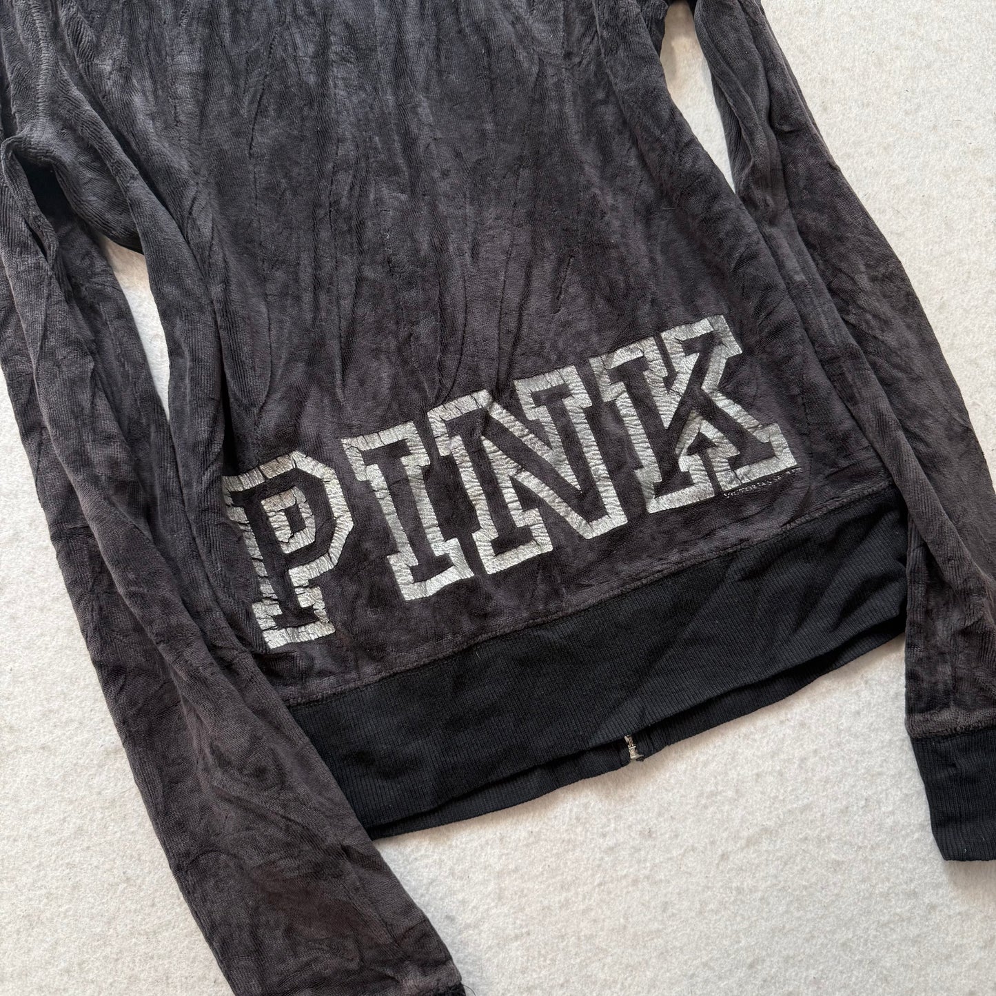 Victoria's Secret PINK Women Charcoal Velour Zip-Up Hoodie Silver Sequin Size XS