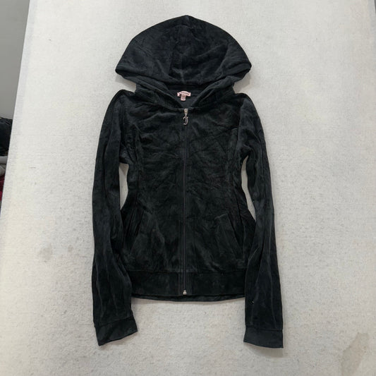 Juicy Couture Women's Black Velour Full Zip Hoodie Glitter Heart Logo Y2K Size L