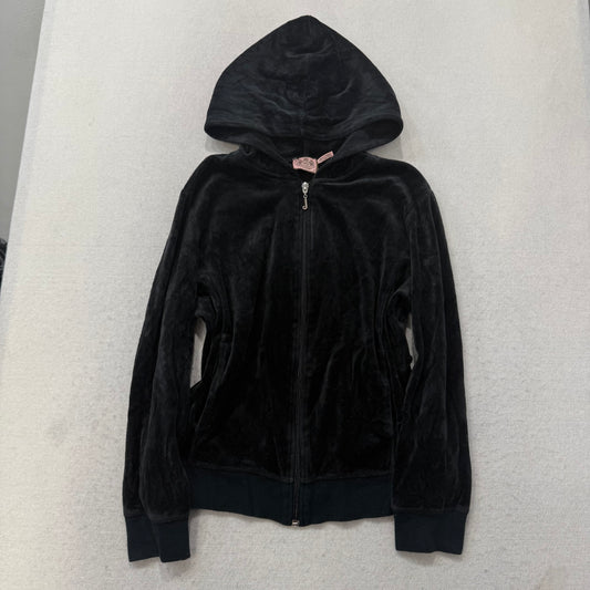 Juicy Couture Women Black Velour Tracksuit Set Zip Up Hoodie & Flare Pant Size S
