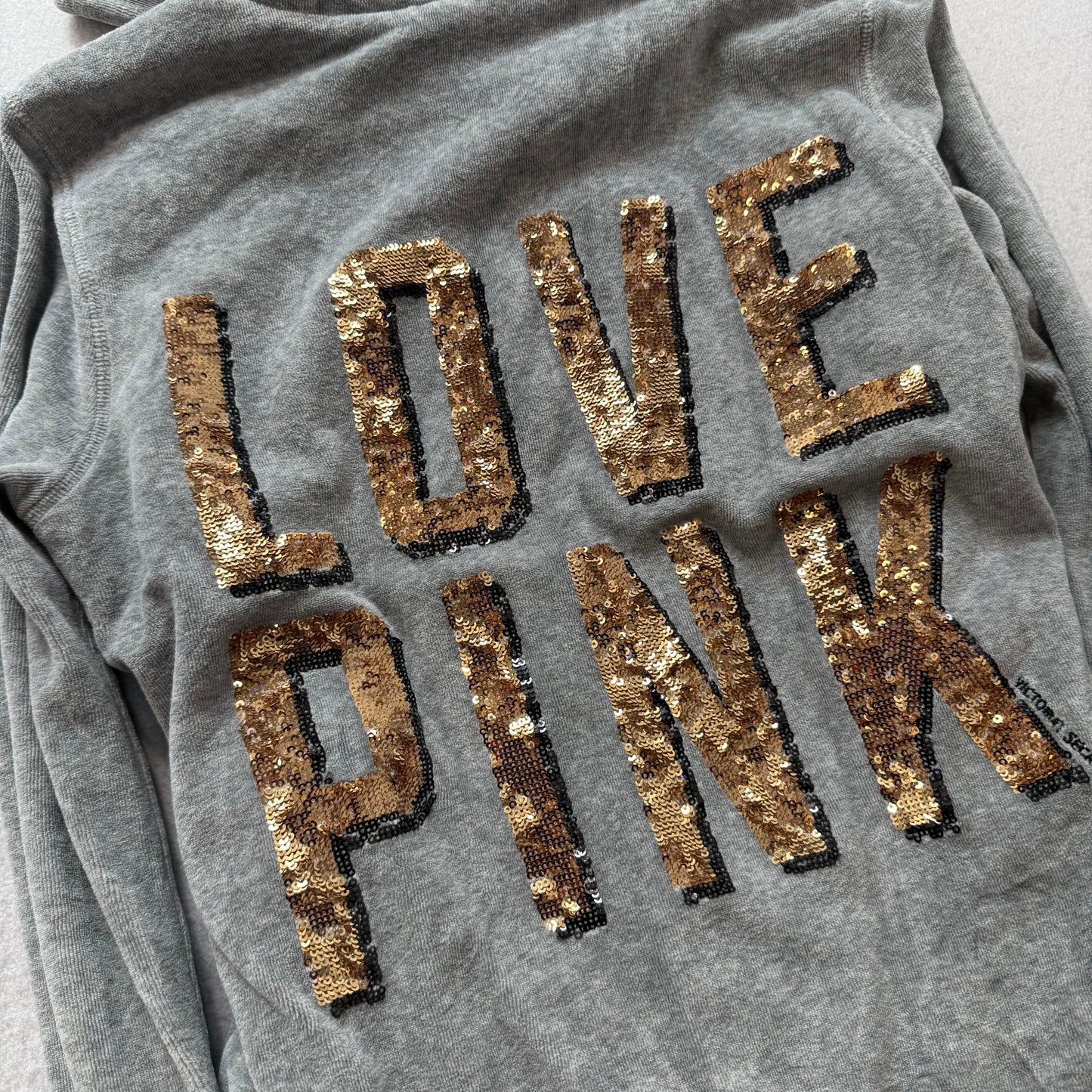 PINK Victoria's Secret Women's Gray Velour Hoodie Fur Lined Sequins Logo Size S