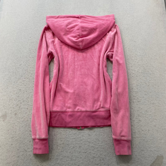 Vintage Juicy Couture Women's Pink Velour Zip-Up Hoodie Drawstring Pocket Size S