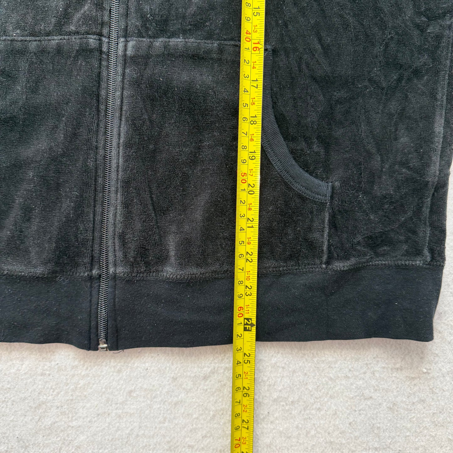 Juicy Couture Women's Jet Black Velour Full Zip Hoodie Kangaroo Pockets Size XL
