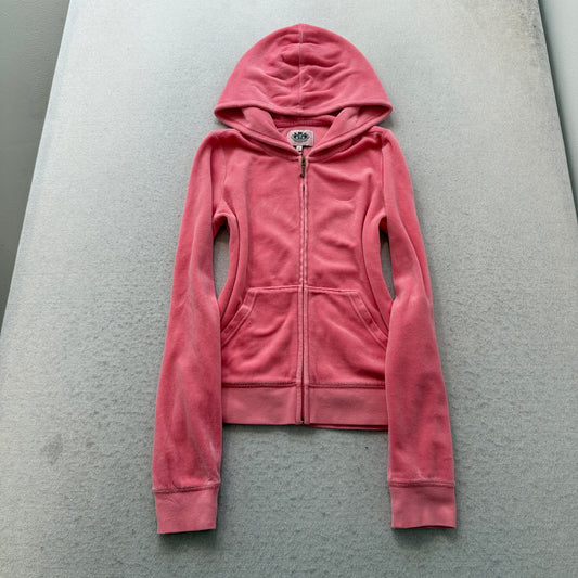 Juicy Couture Women's Pink Velour Zip-Up Hoodie Pockets Sequin Bow Logo Size XL