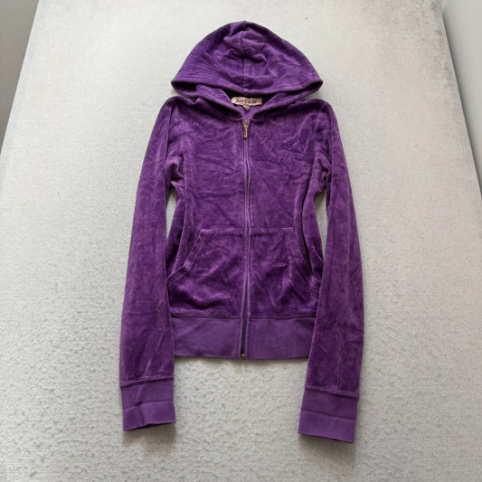 Juicy Couture Womens Royal Purple Velour Zip-Up Hoodie Rhinestone Graphic Size S