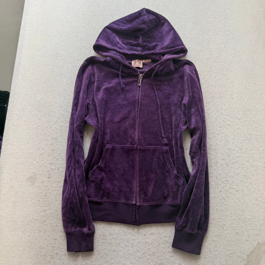 Vintage Juicy Couture Women Deep Purple Velour Hoodie & Flared Pant Y2k Size L/S