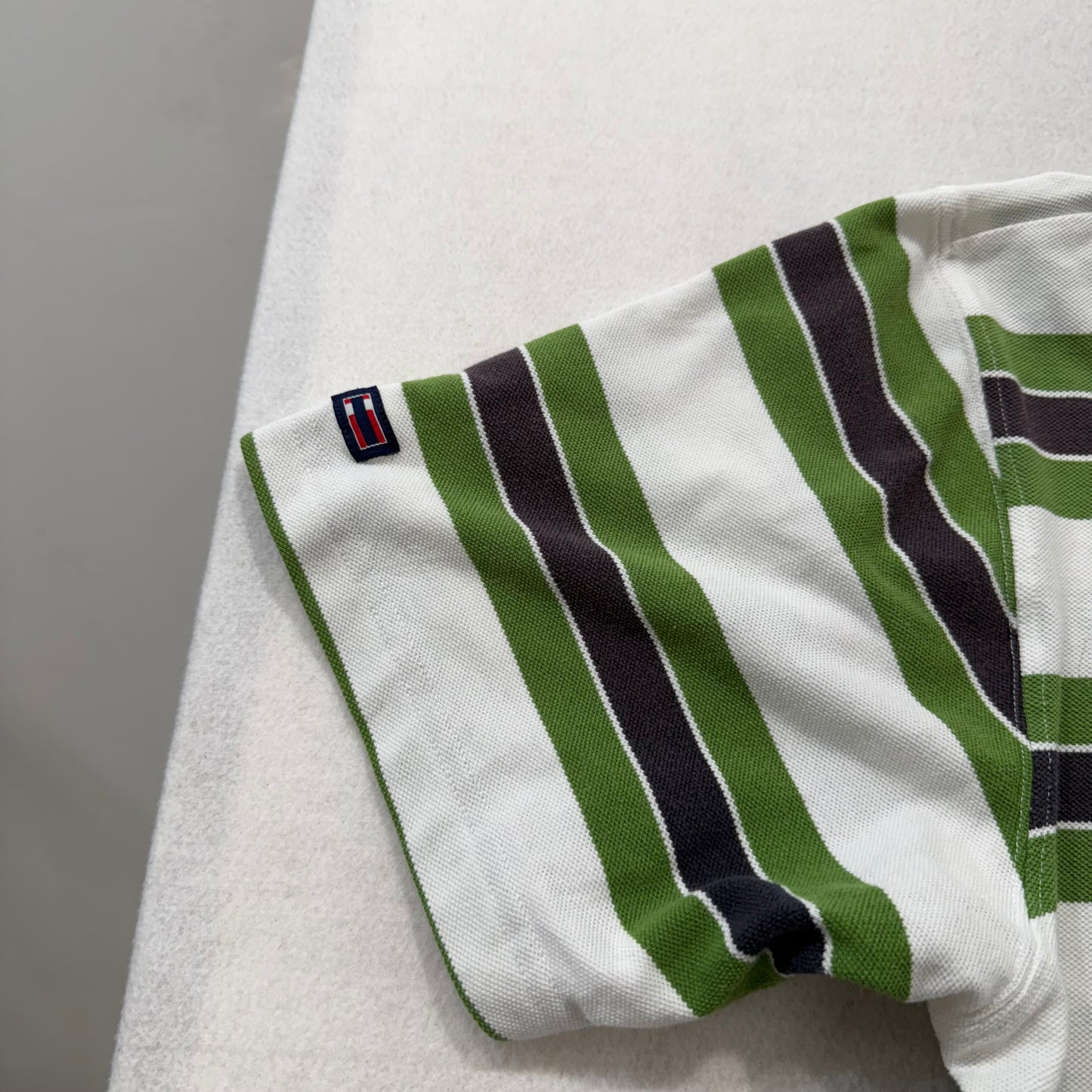 Bugle Boy Green White Navy Striped Pique Cotton Polo Shirt Classic Tee Size L