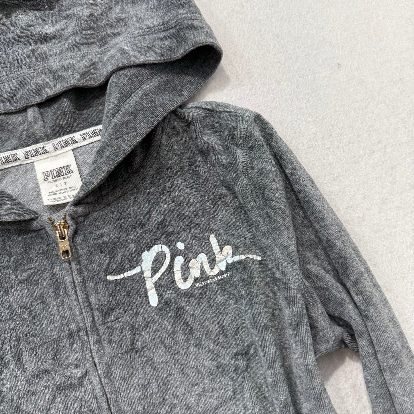 PINK by Victoria's Secret Women's Gray Velour Zip Up Hoodie Pockets Logo Size S