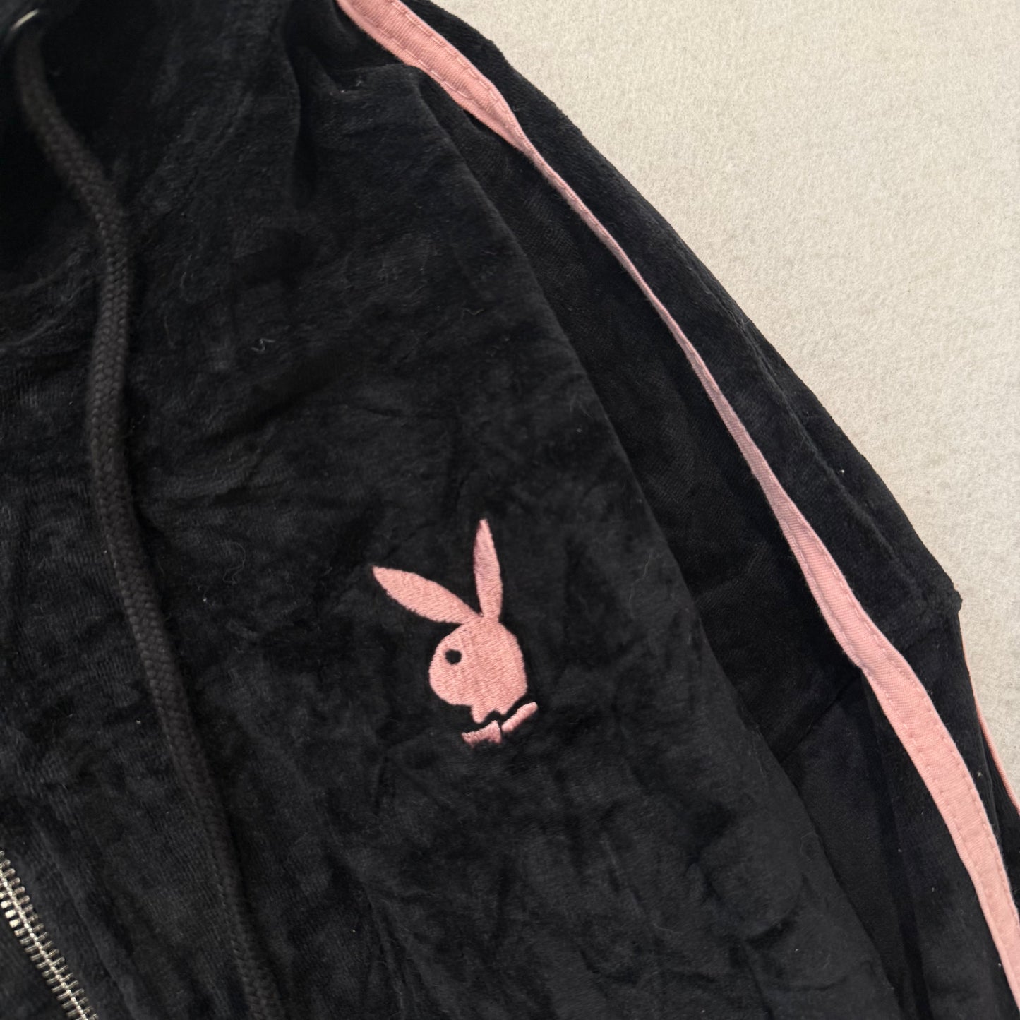 Playboy x Missguided Women Black Velour Zip-Up Cropped Hoodie Bunny Logo Size 16