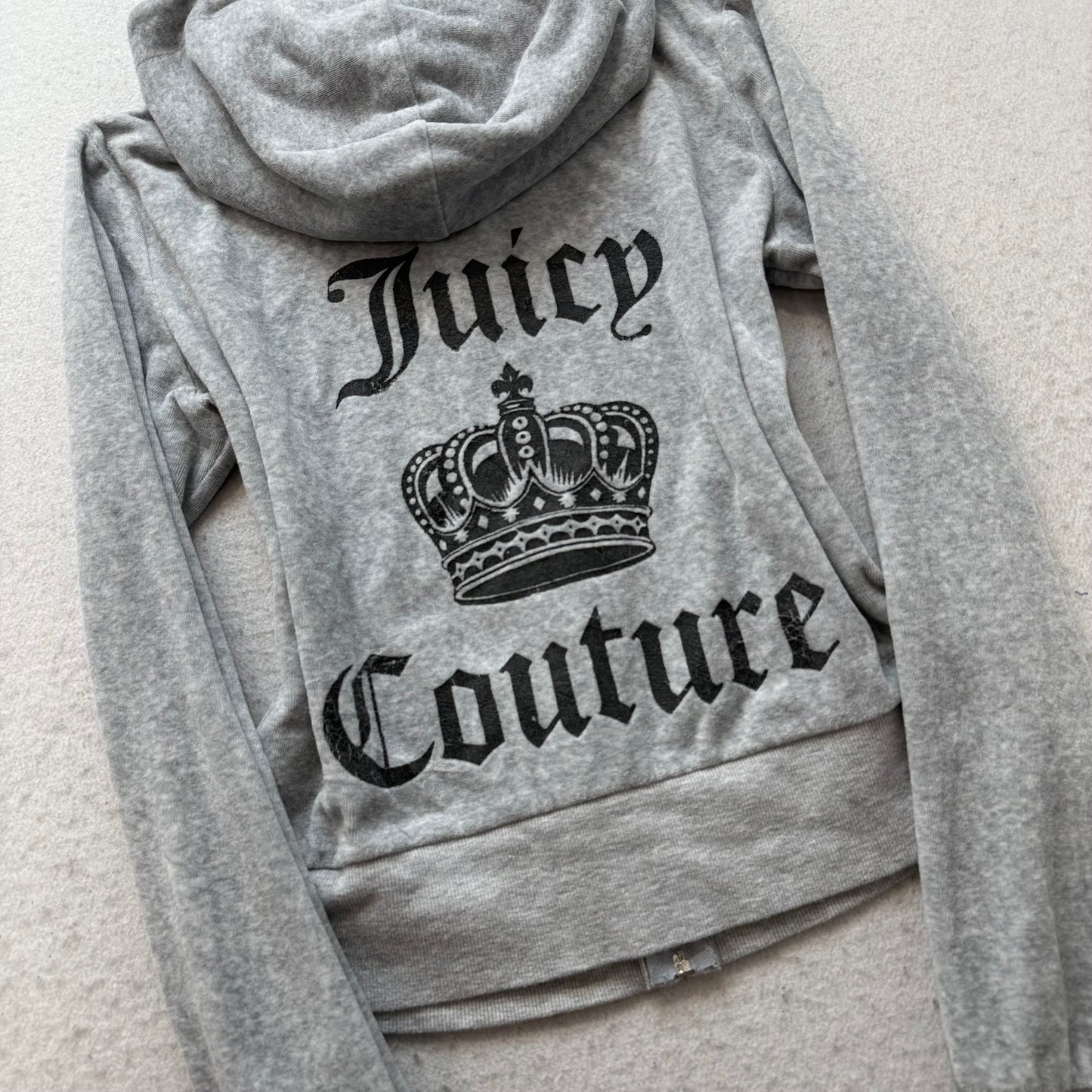Juicy Couture Women's Heather Gray Velour Zip-Up Hoodie Crown Logo Pocket Size M