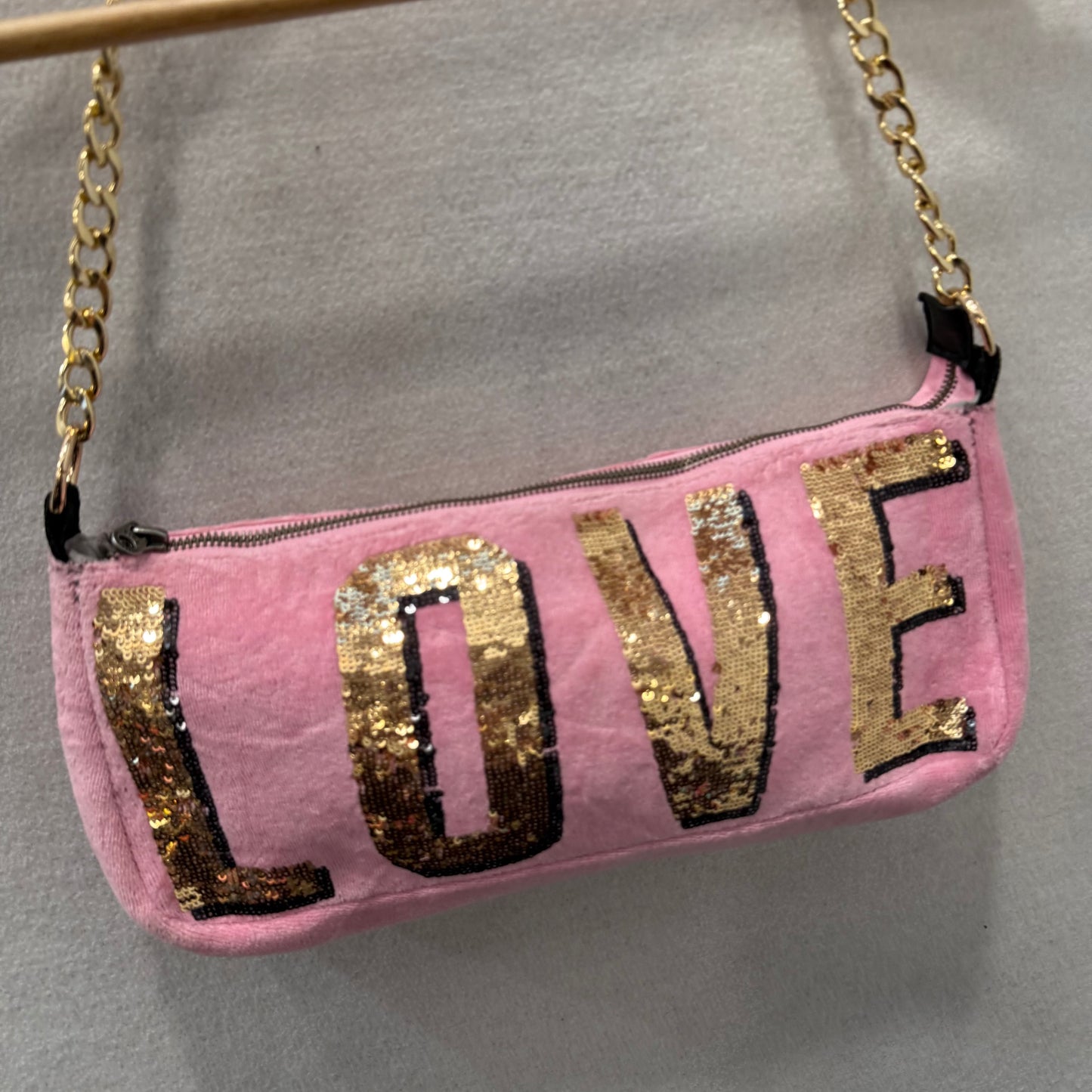 PINK Victoria's Secret Pink Velour Gold Sequin Logo Casual Shoulder Baguette Bag