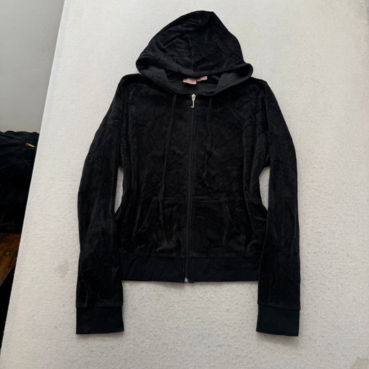 Juicy Couture Womens Black Velour Tracksuit Set Zip-Up Hoodie & Pant Y2k Size XL
