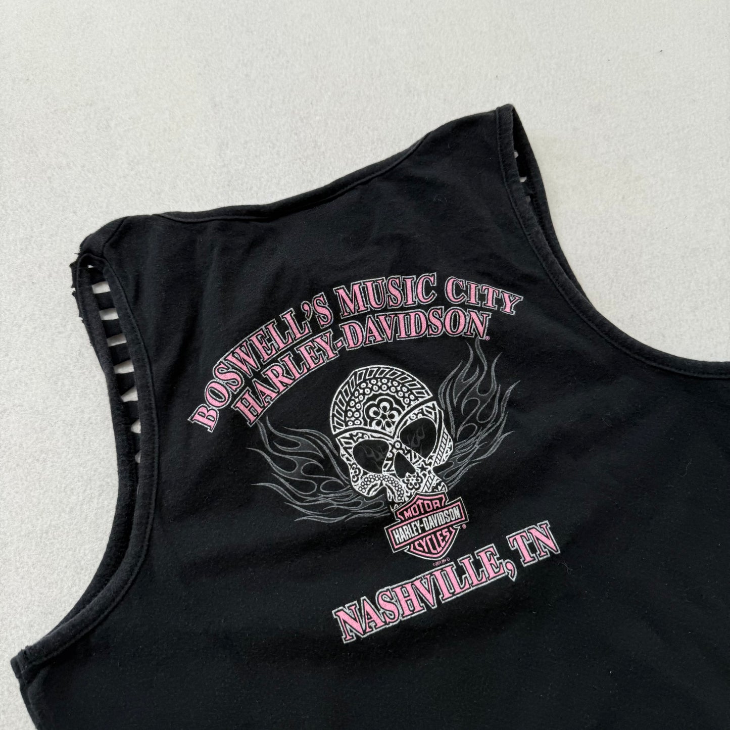 Harley Davidson Women Jet Black Cotton Tank Top Shredded Shoulder Graphic Size S