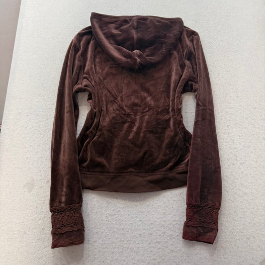 Juicy Couture Women's Dark Brown Velour Zip-Up Hoodie Lace Cuffs Pocket Size XL