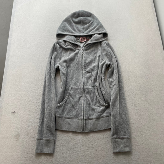 Vintage Juicy Couture Women's Gray Velour Zip Up Hoodie Rhinestones Logo Size S