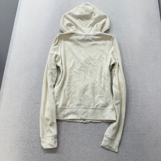 Juicy Couture Women's Ivory Velour Full Zip Hoodie Split Kangaroo Pockets Size M