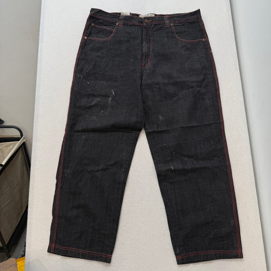 RK Richards Jeans Co Black Denim Straight Leg Jeans Red Contrast Stitching Size 21
