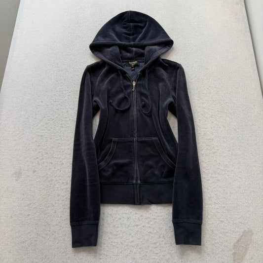 Juicy Couture Loves You Black Label Women Dark Navy Velour Zip-Up Hoodie Size XS