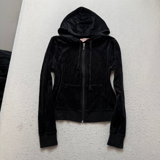 Vintage Juicy Couture Women's Black Velour Tracksuit Set Hoodie & Pant Size S