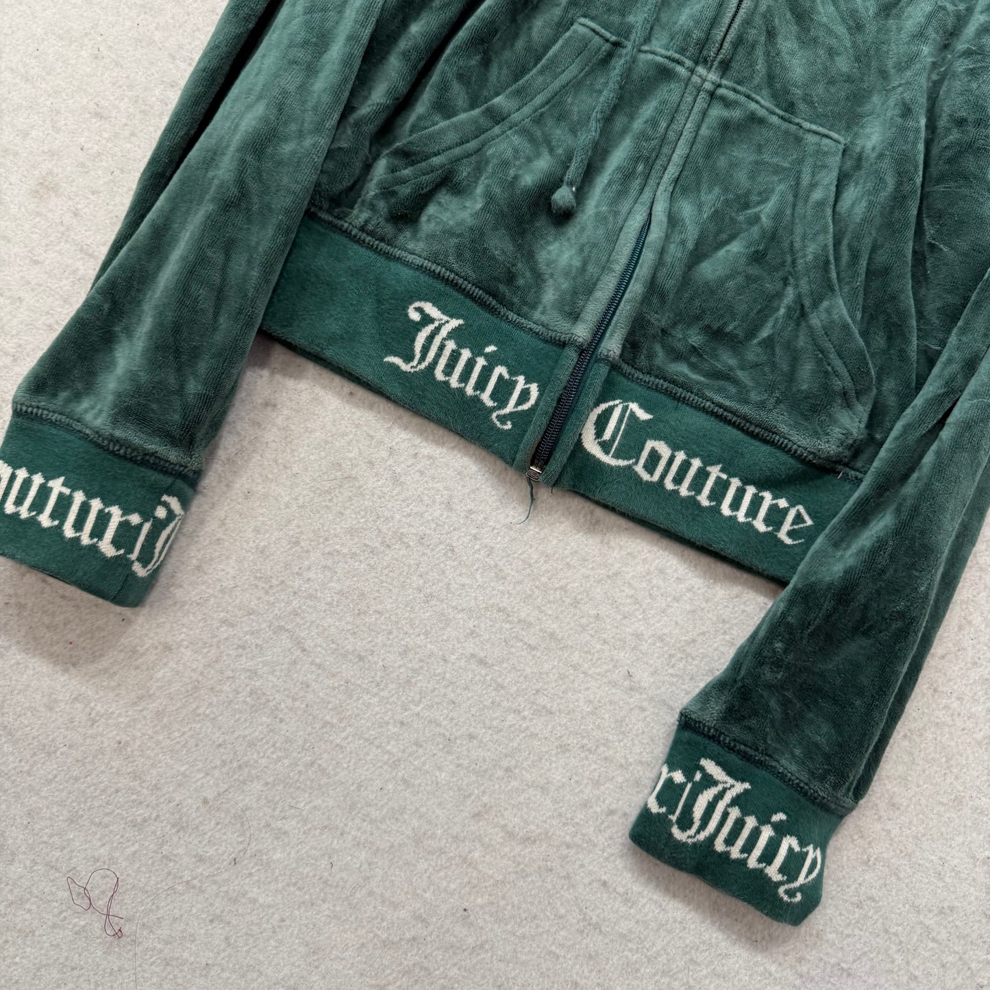 Juicy Couture Womens Dark Green Velour Zip-Up Hoodie Black Label Pockets Size XS