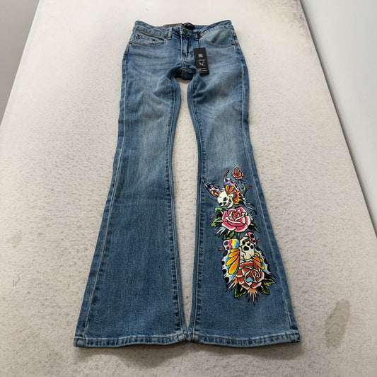 Ed Hardy Women's Blue Skull Rose Graphic Flare Denim Jeans Tattoo Print Size 24