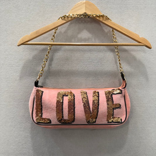 PINK Victoria's Secret Pink Velour Gold Sequin Logo Casual Shoulder Baguette Bag