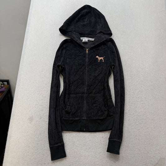 PINK Victoria's Secret Women's Black Velour Zip Up Hoodie Graphic Logo Size XS