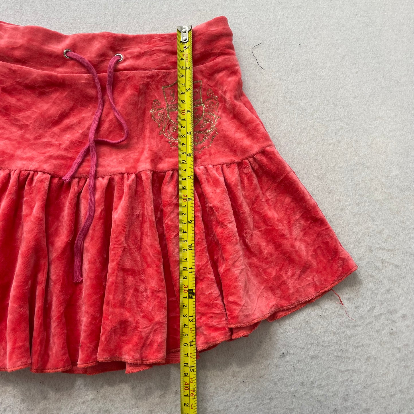 Juicy Couture Women's Red Velour Micro Mini Skirt Drawstring Ruffled Hem Size XS