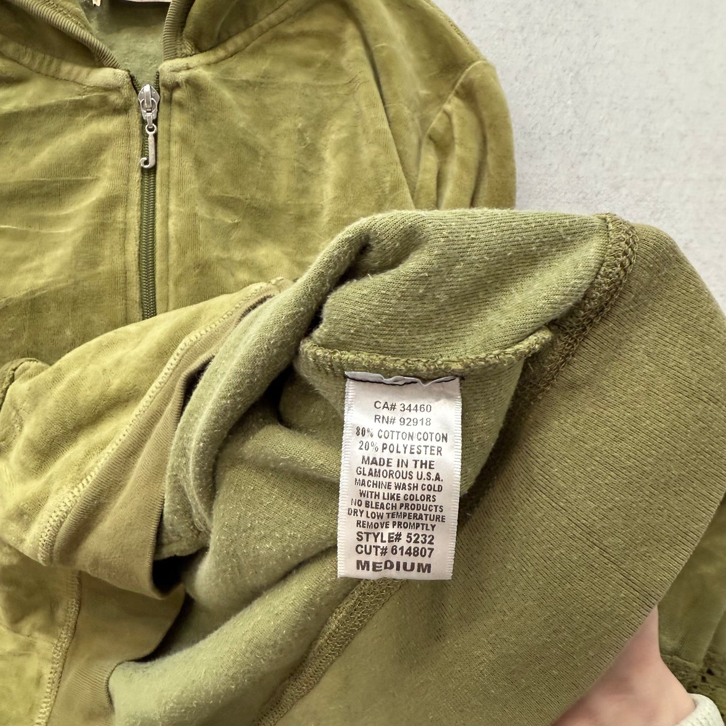 2003 Vintage Juicy Couture Women's Olive Green Velour Hoodie Lace Cuffs Size M