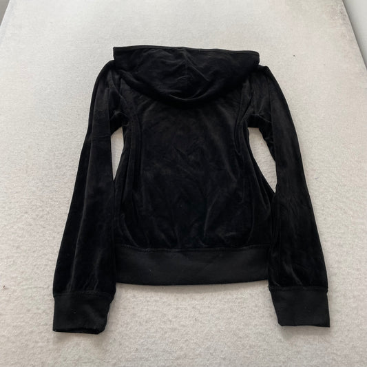 Vintage Juicy Couture Women Black Velour Zip-Up Hoodie Loungewear Pockets Size S