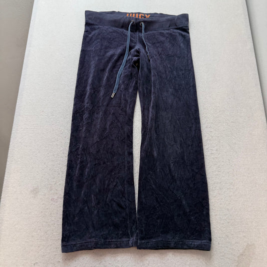 Vintage Juicy Couture Women's Navy Velour Wide Leg Track Pant Back Pocket Size S