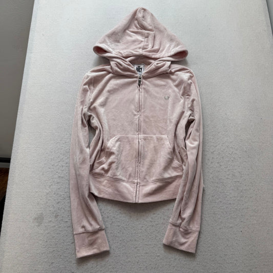 Juicy Couture Womens Light Pink Velour Zip-Up Hoodie Pockets Glitter Logo Size M