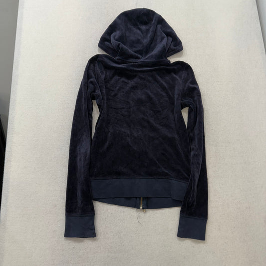 Vintage Juicy Couture Navy Velour Full Zip Hoodie Kangaroo Pocket Size XS