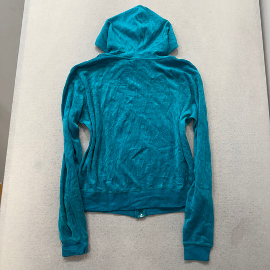 Juicy Couture Women's Teal Velour Full Zip Hoodie Split Kangaroo Pockets Size XL