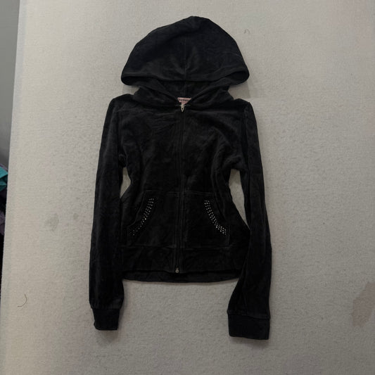 Juicy Couture Women's Black Velour Zip-Up Hoodie Floral Graphic Logo Size 10/12