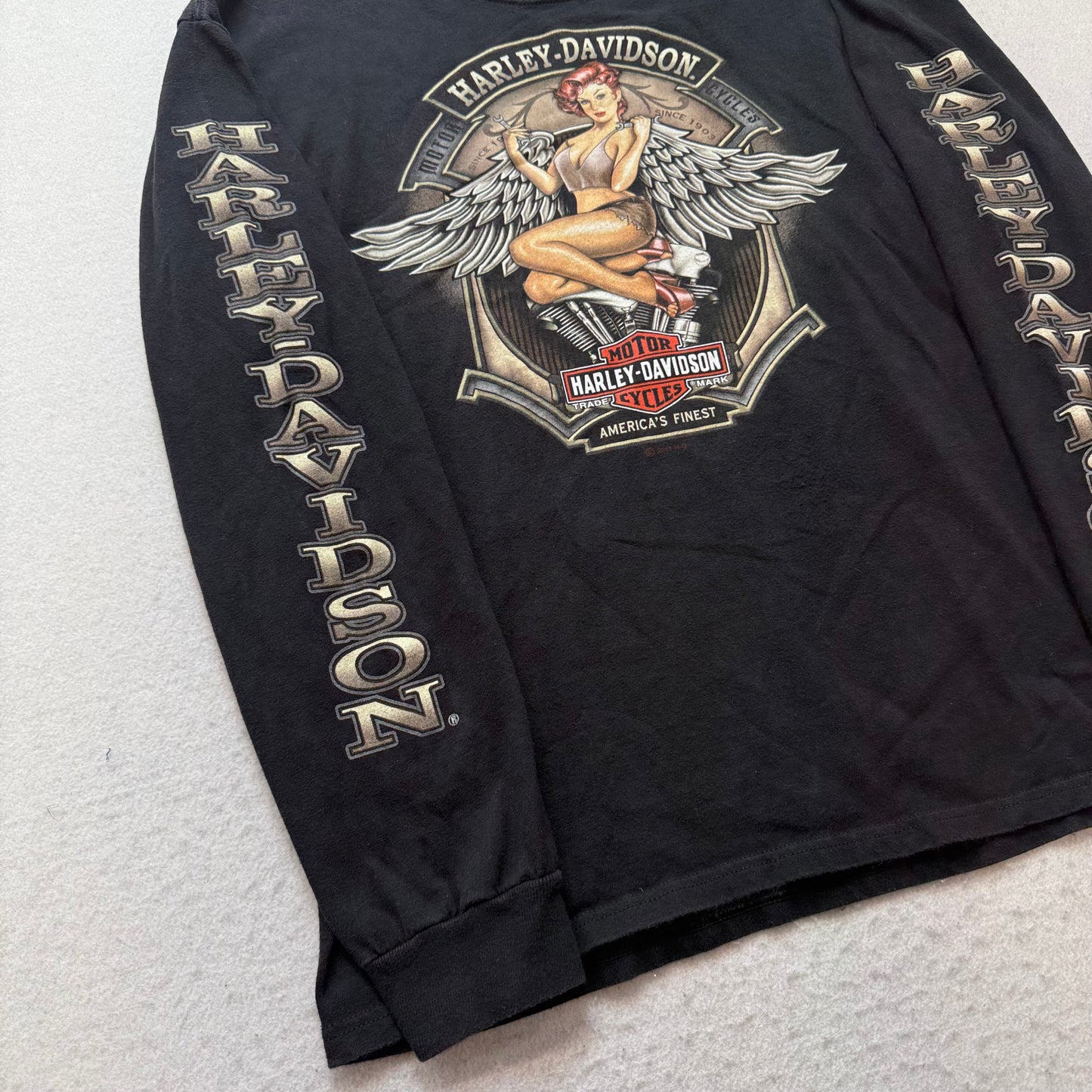 Harley-Davidson Pinup Winged Angel Girl Men's Black Long Sleeve T-Shirt Size L