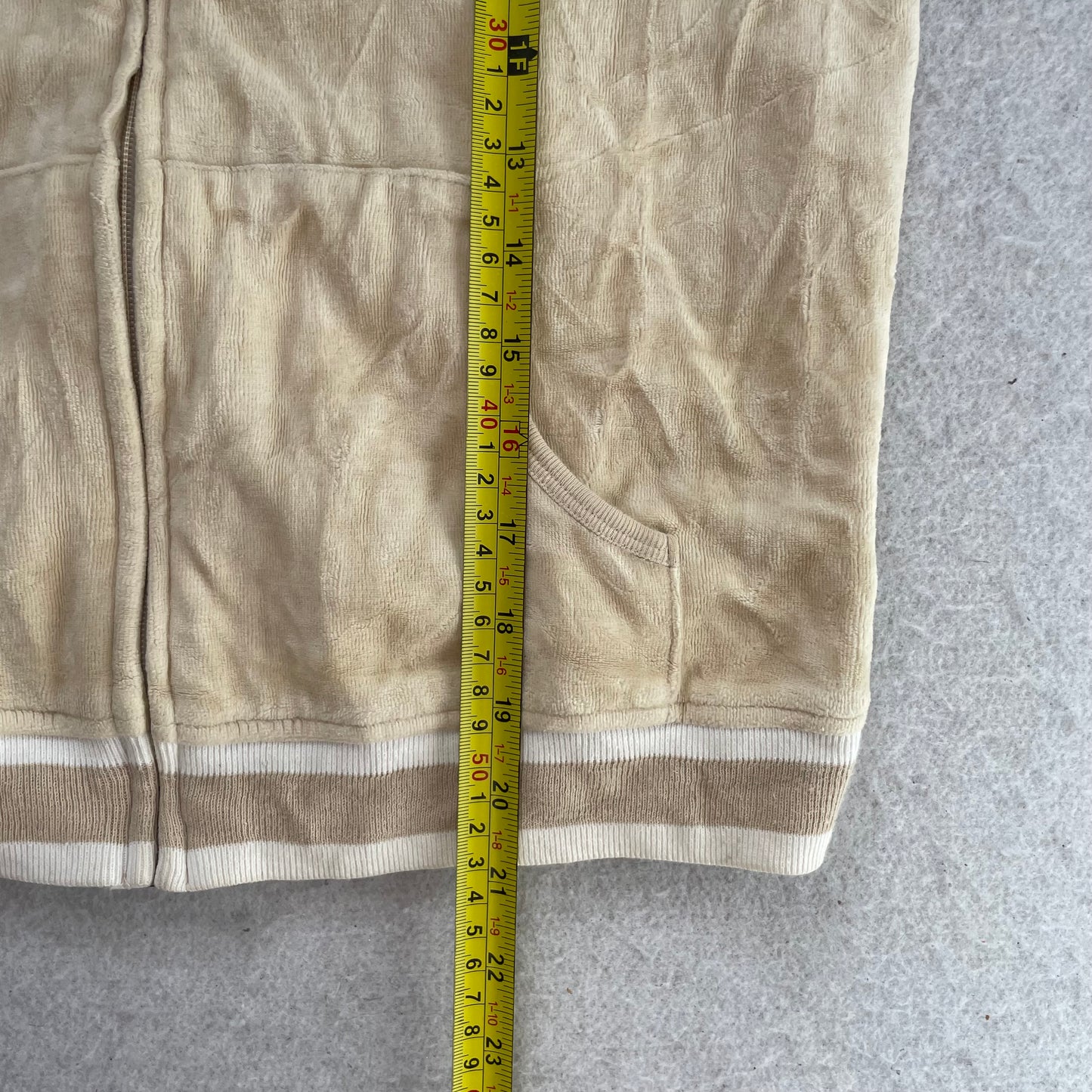 Vintage Juicy Couture Women Beige Velour Zip-Up Hoodie Striped Hem Pocket Size S