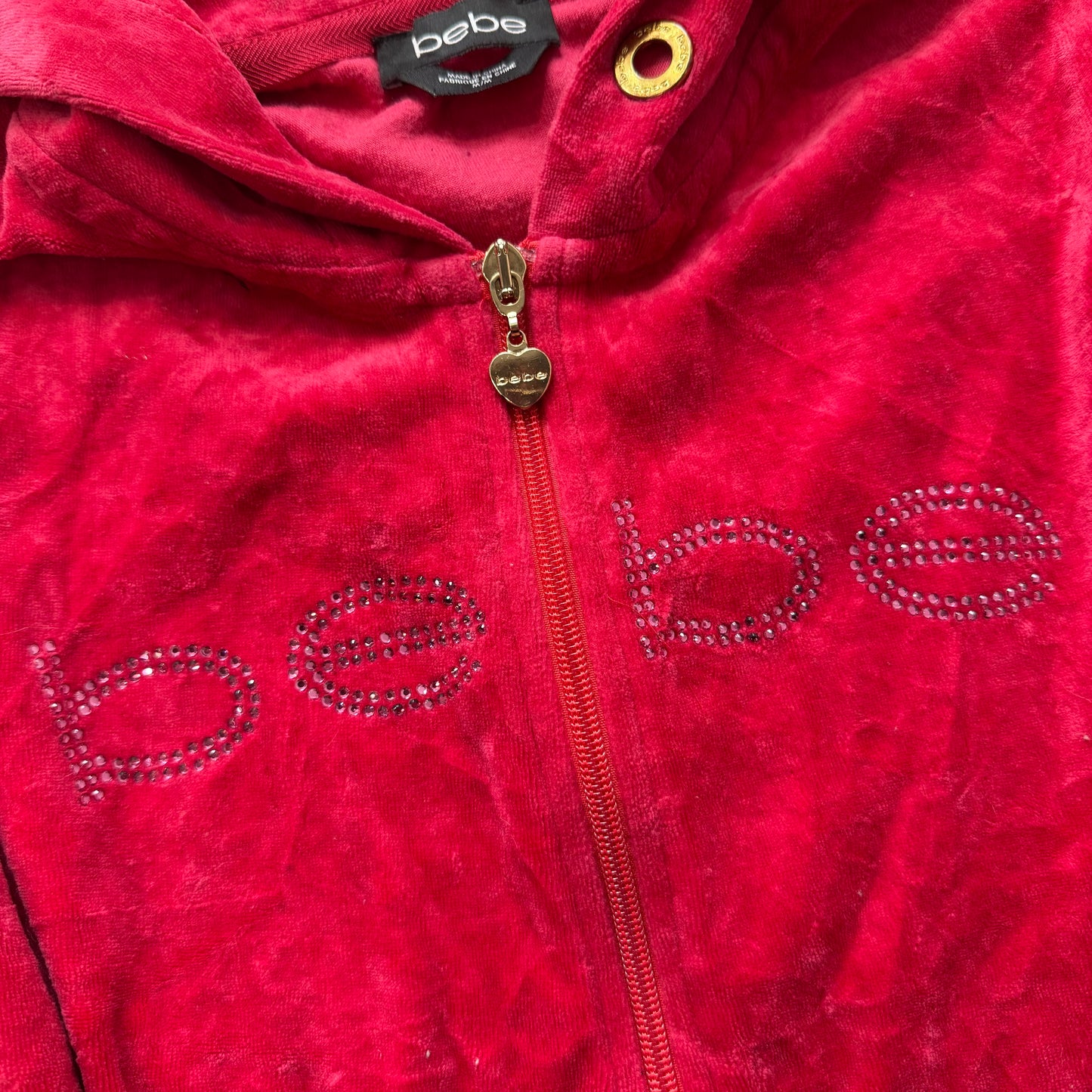 Bebe Women's Cherry Red Velour Full Zip Hoodie Rhinestones Logo Pockets Size M