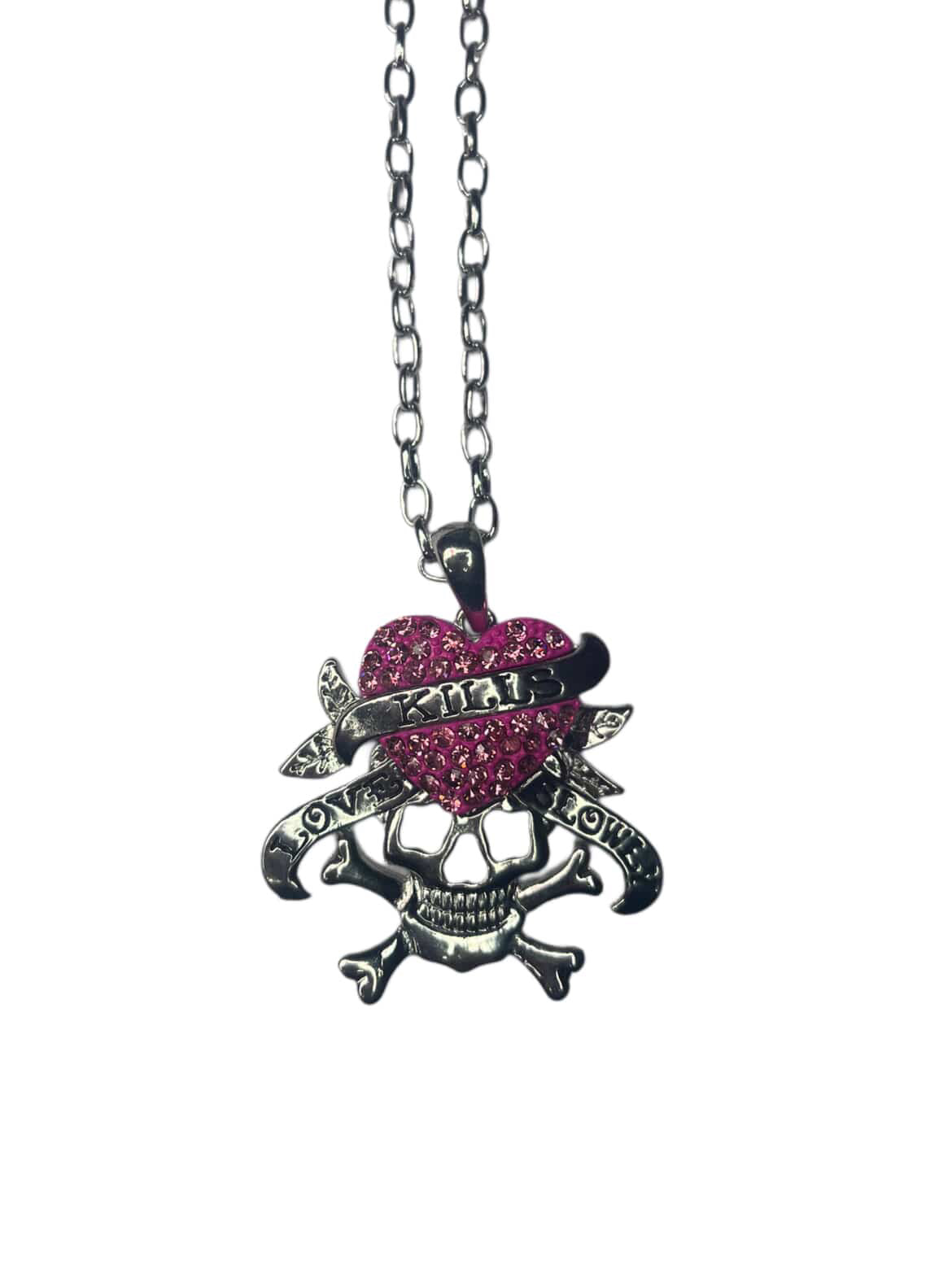 ED HARDY “Love Kills Slowly” PINK STAINLESS STEEL RHINESTONE NECKLACE