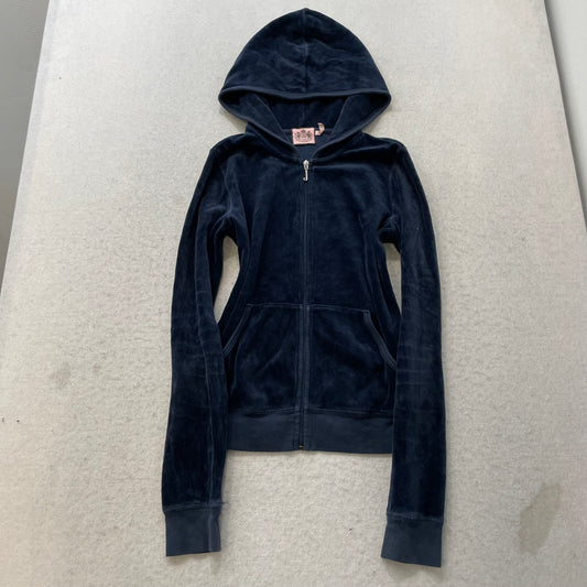Juicy Couture Womens Navy Velour Tracksuit Set Hoodie & Pant Graphic Logo Size M