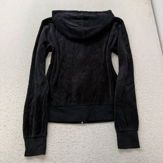Juicy Couture Womens Black Velour Full Zip Hoodie Pockets Loungewear Y2K Size XL