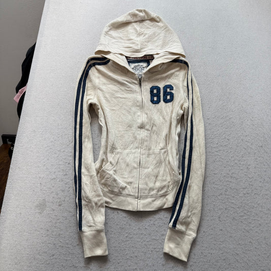 2004 Victoria's Secret PINK Cream Navy #86 Varsity Striped Sleeve Hoodie - XS