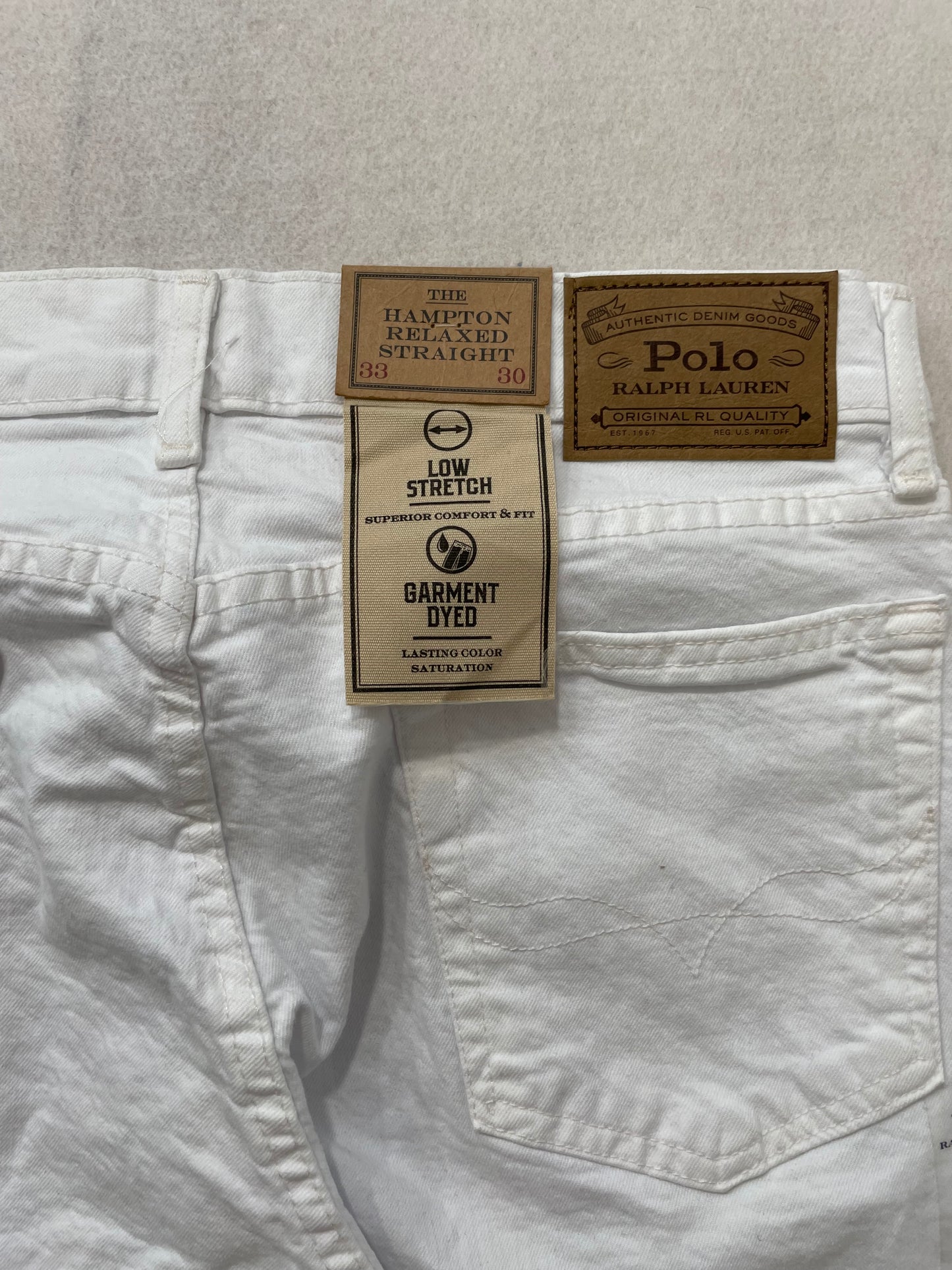 Polo Ralph Lauren Hampton Relaxed Straight White Denim Jeans Leather Logo Patch Size 33x30