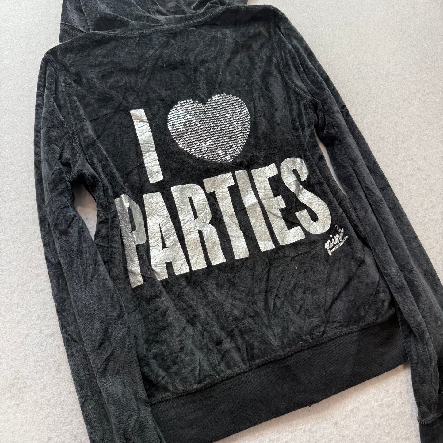 Victoria's Secret PINK Women's Black Velour Hoodie I Love Parties Sequin Size L