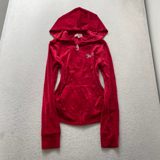 Juicy Couture Women Red Velour Tracksuit Set Zip-Up Hoodie & Flare Pant Size S/M